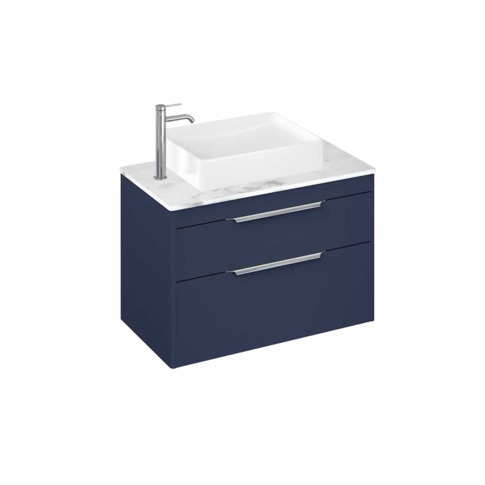 Shoreditch 85cm double drawer Matt Blue with Carrara White Worktop and Quad Countertop Basin